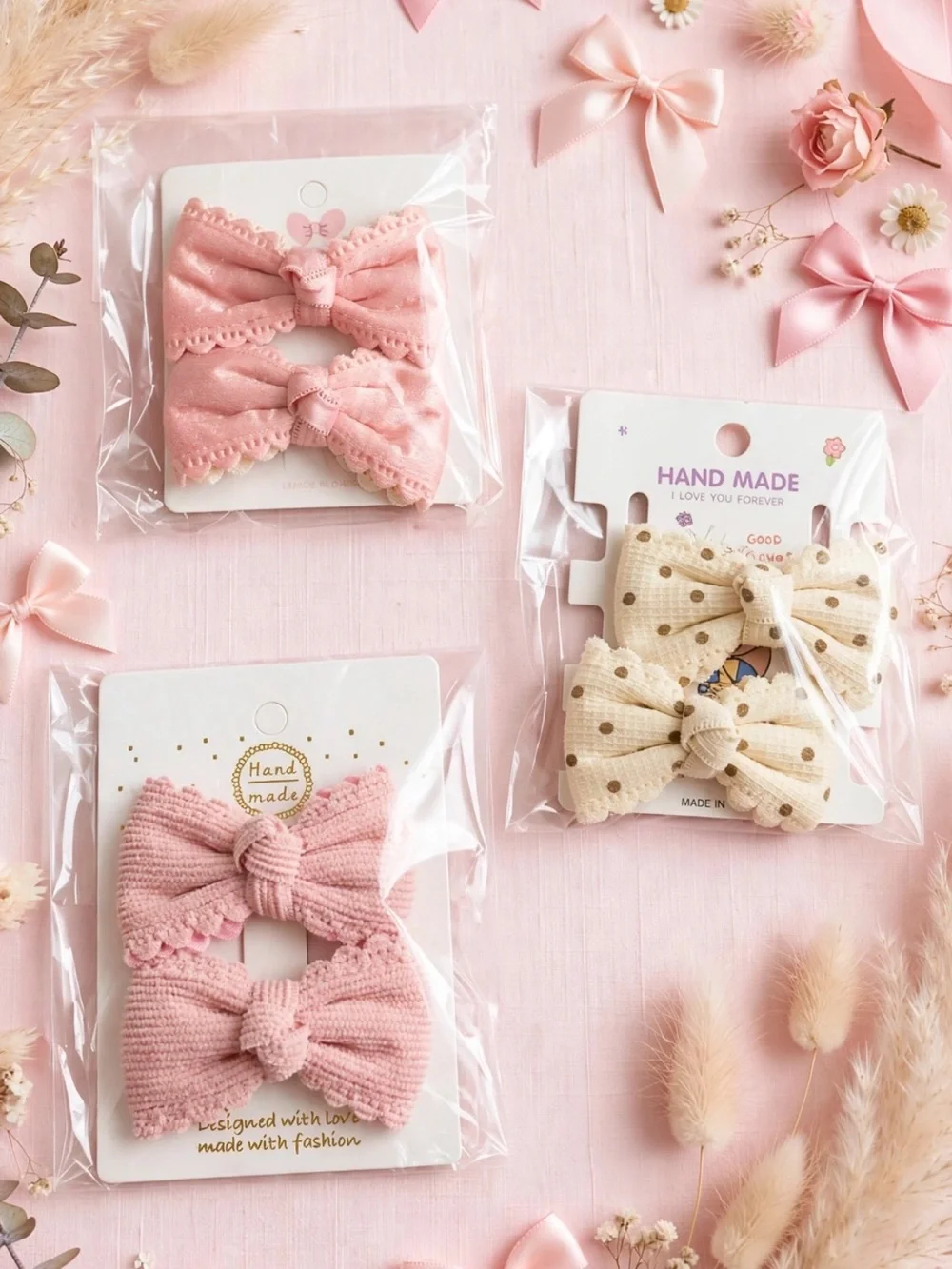 Set of 3 Bow Hair Clips — Pink & Cream